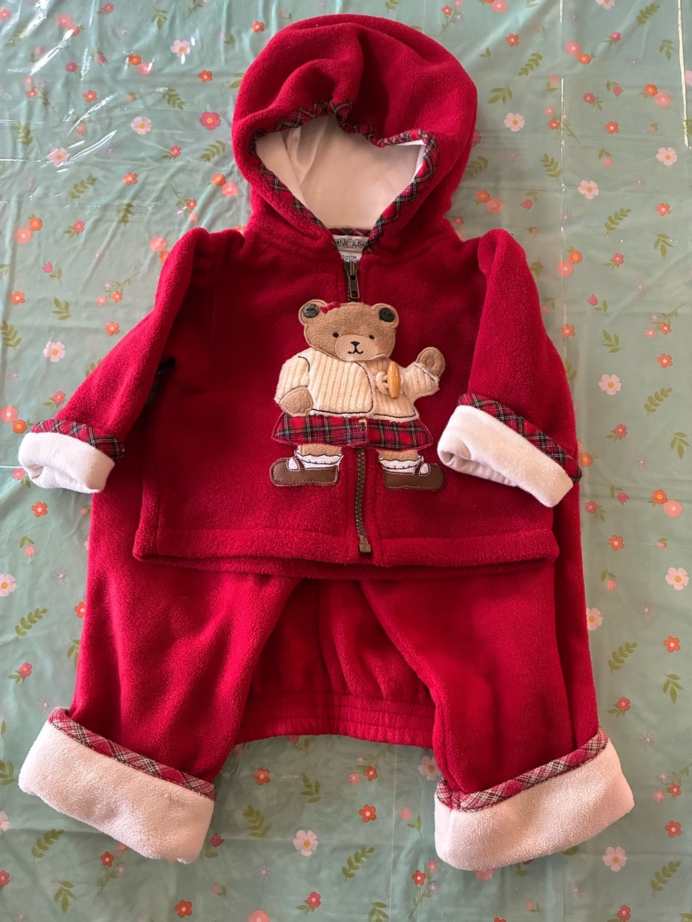 2 pc Teddy Bear Red Fleece Hooded Jacket & Pants Set Emporio Kids Size 3T